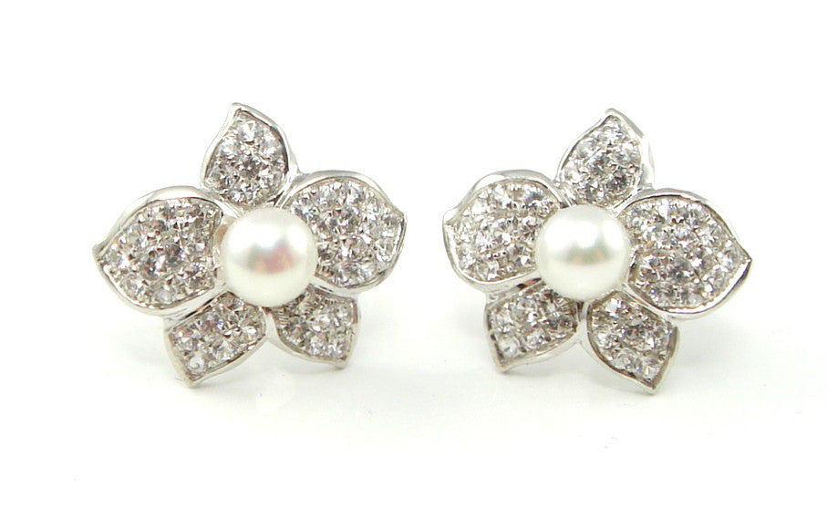 Silver White Sapphire Pearl Hanabira Earrings