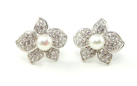Silver White Sapphire Pearl Hanabira Earrings