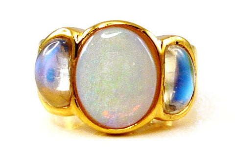 Gold Barcelona Ring with Opal and Blue Moonstones