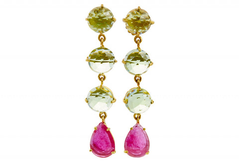 Green Amethyst and Ruby Gemma Drop Earrings
