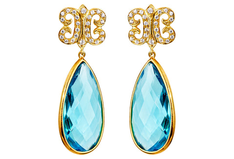 Teal Topaz + Sapphire Arabesque Earrings